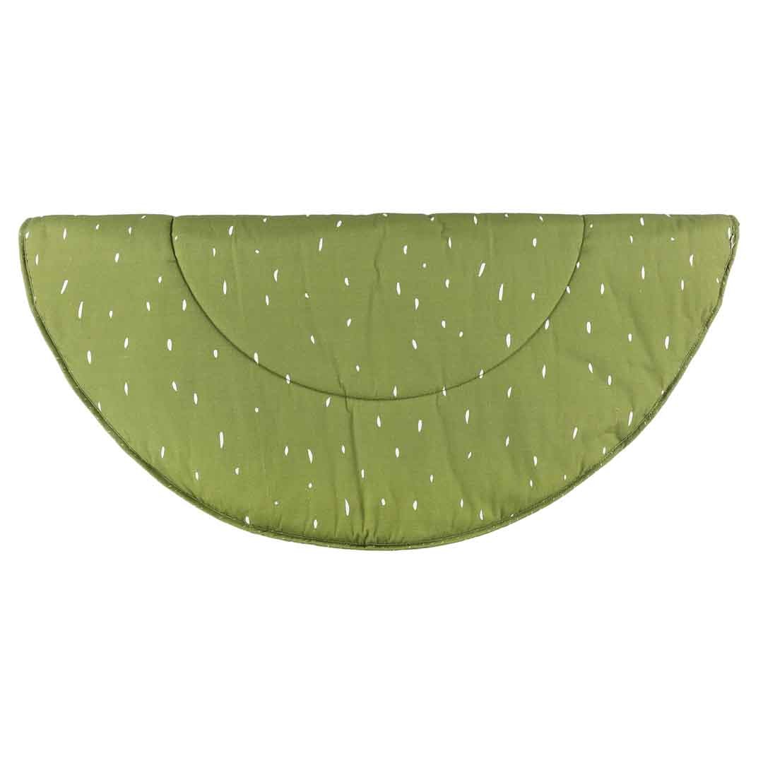 Underside view of green organic cotton play mat with embroidered details and curved edges