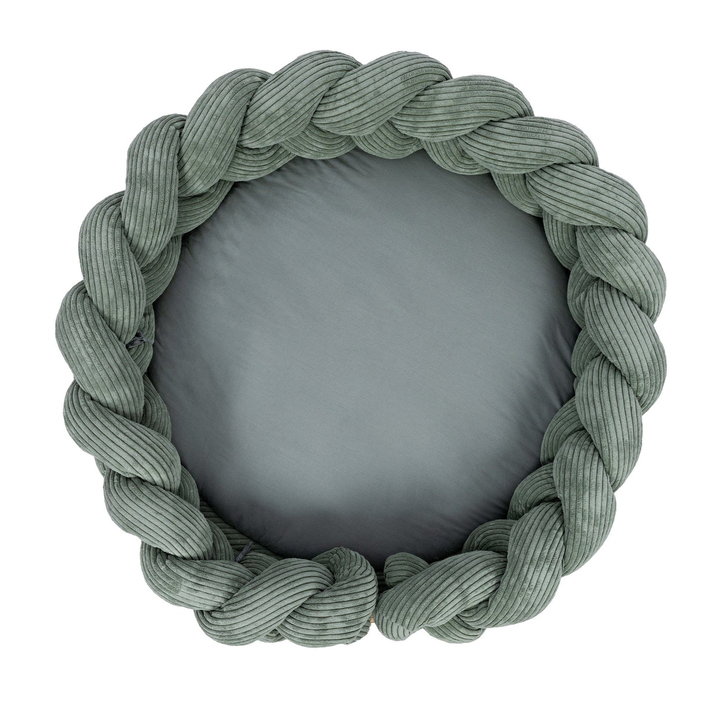 Olive green braided crib bumper detail showing woven texture and padded interior