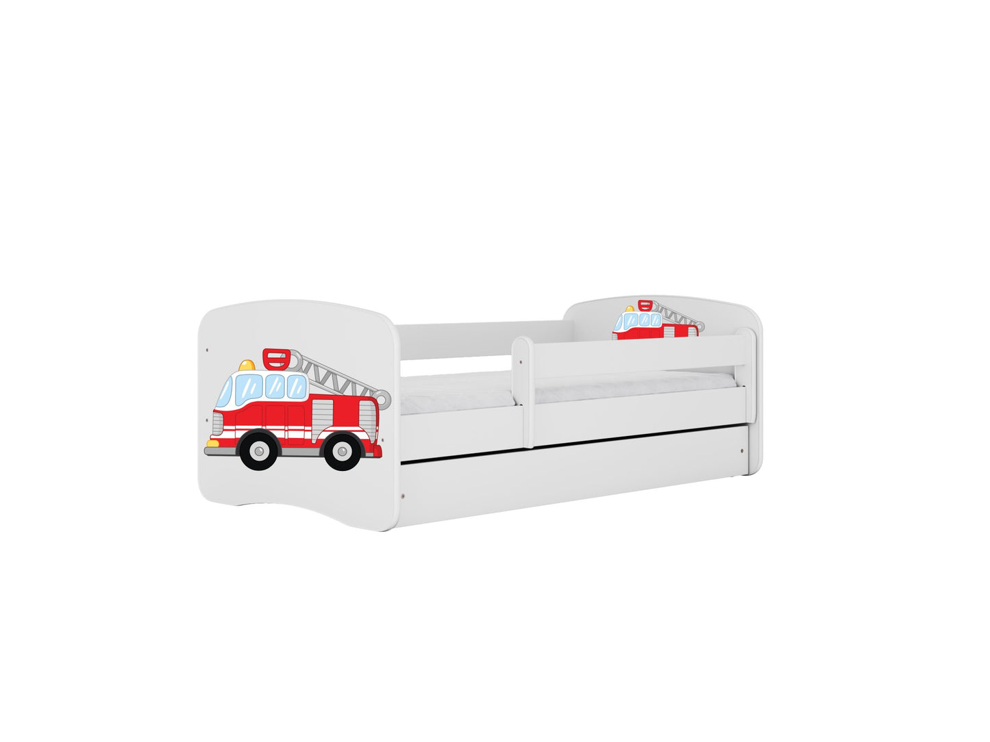 White fire truck bed with safety guardrail and removable storage drawer detail