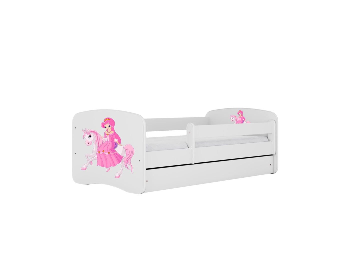 White princess bed with fairy design, guardrails and storage drawer, front angled view