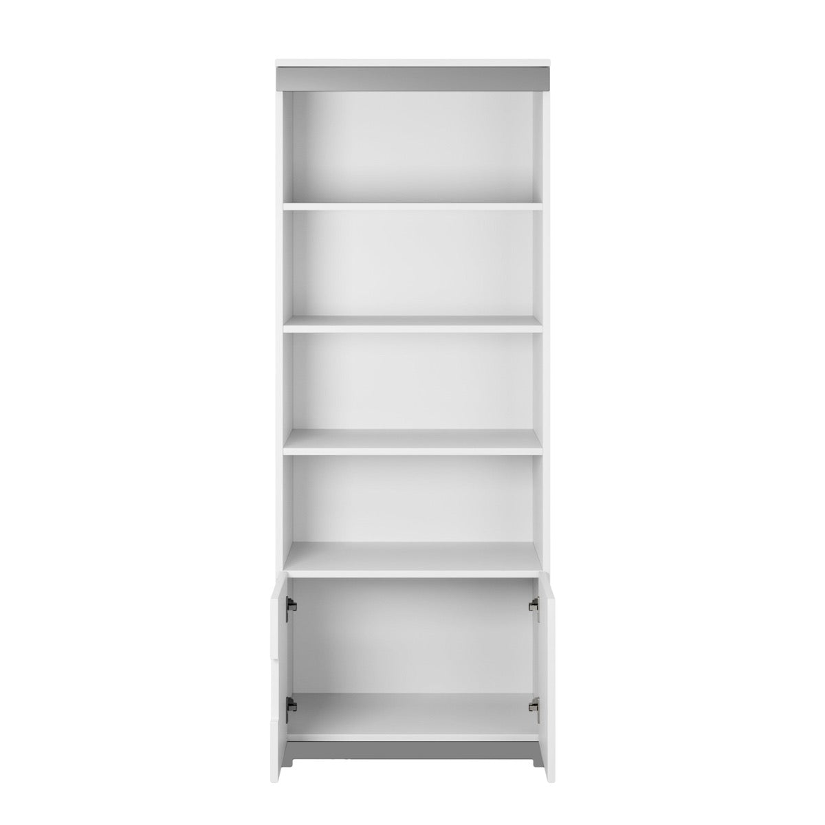 Tomi white bookshelf opened lower cabinet door revealing internal storage space