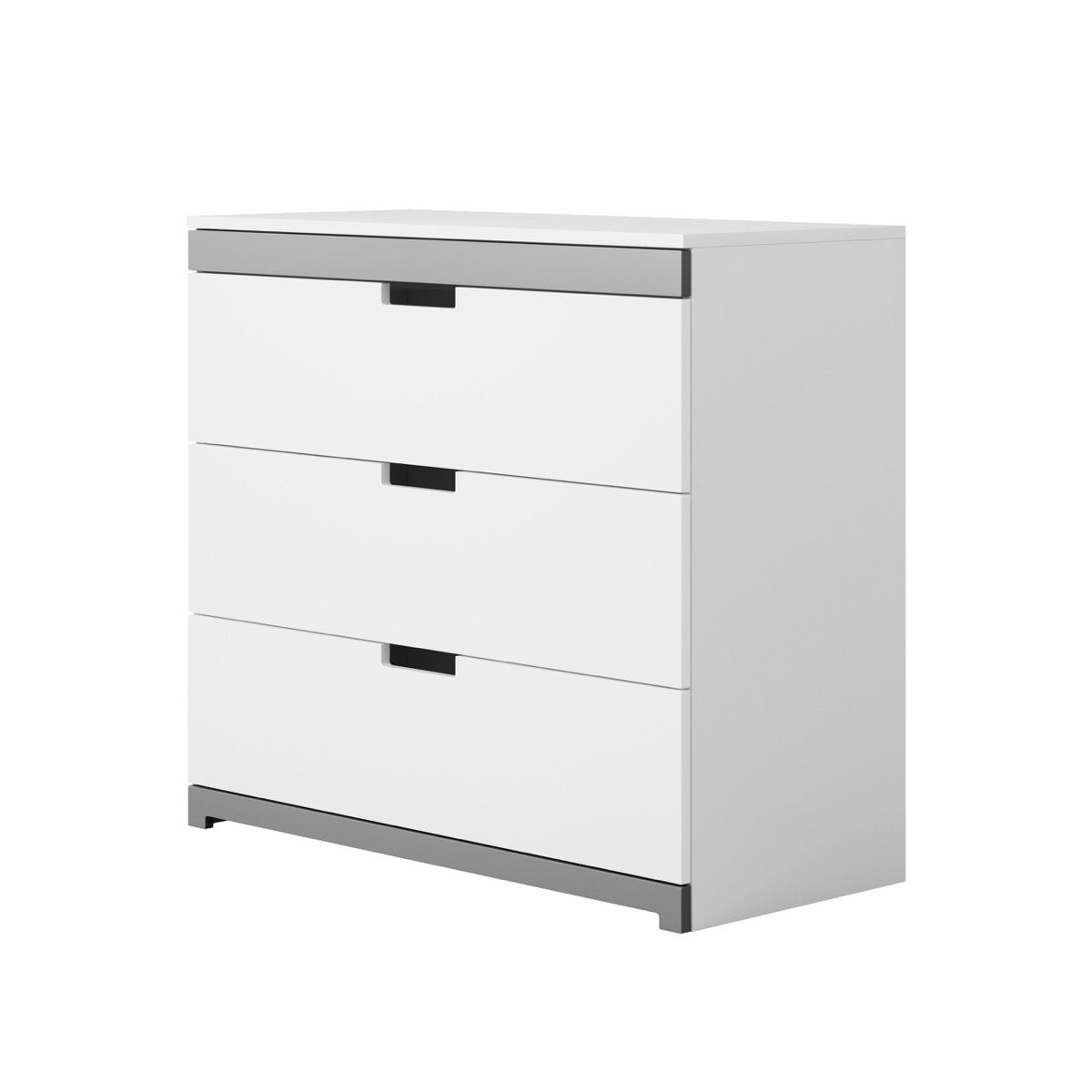 Tomi white kids chest of drawers side angle view with grey trim and pull-out drawers