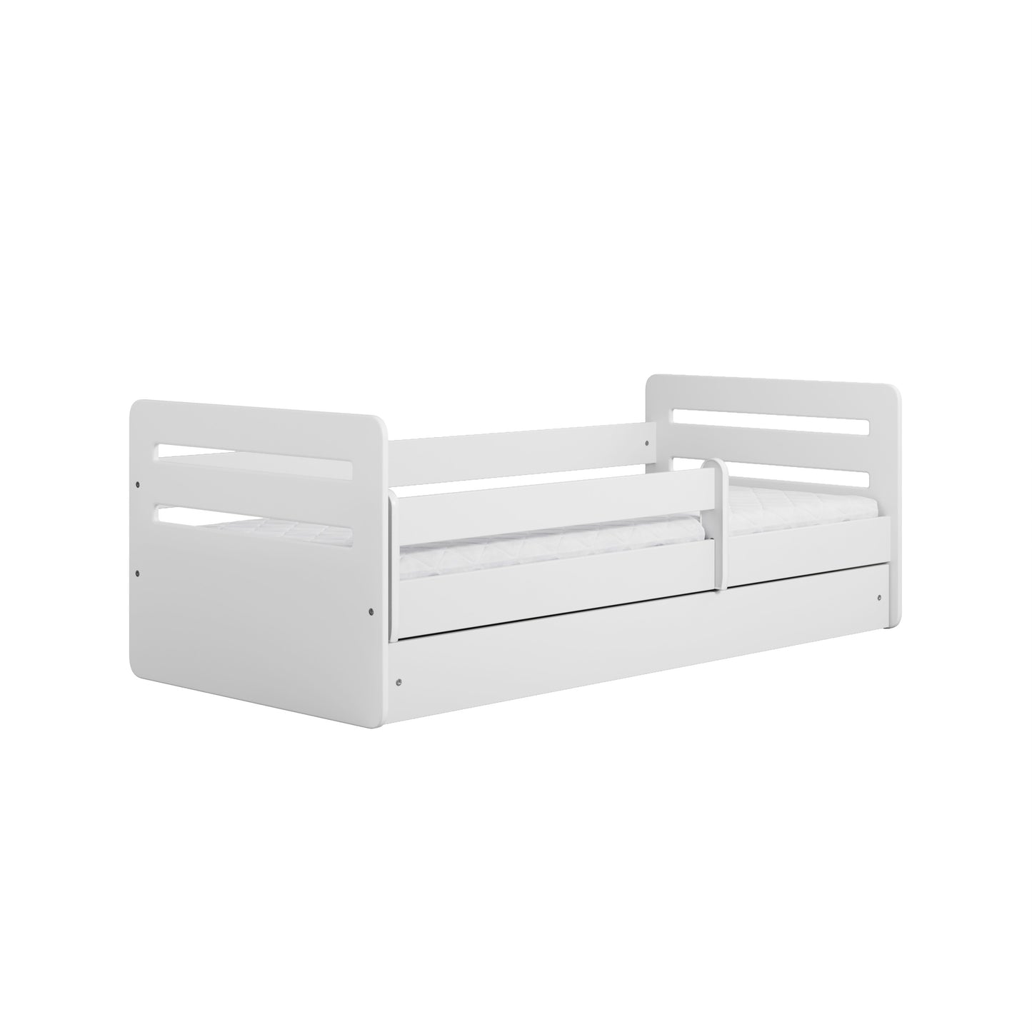 White Tomi toddler bed with guardrails and drawer, three-quarter product view