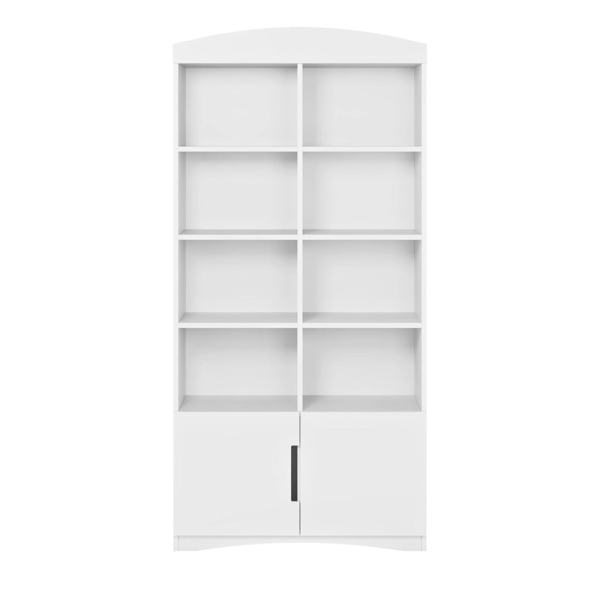 Front-facing white double bookshelf with 8 compartments and bottom storage cabinet