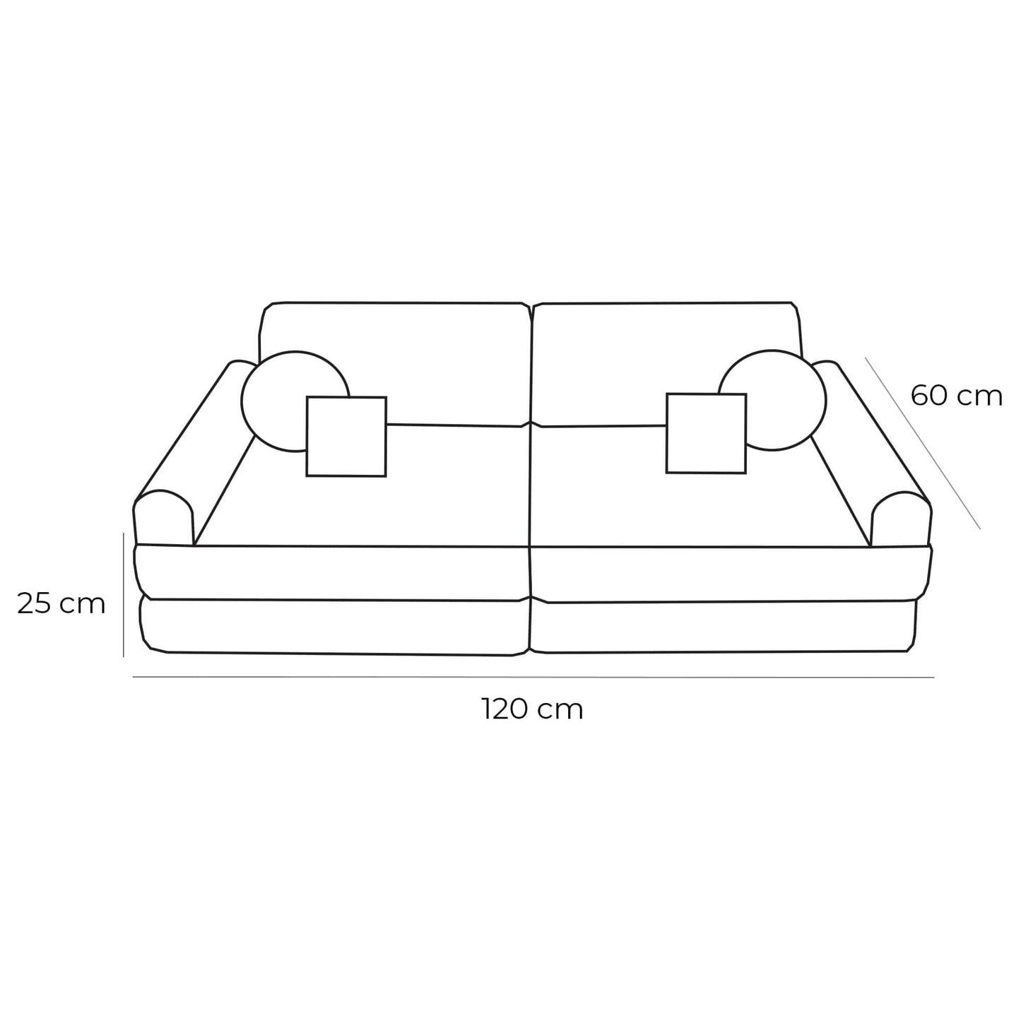 Pocket Sofa Outzy dimension diagram showing 120cm width, 60cm height, and 25cm depth with modular segments