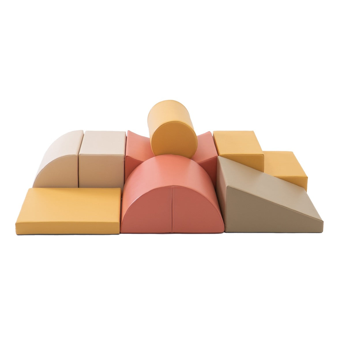 Front view of assembled foam block play structure in pastel colors for toddler climbing play