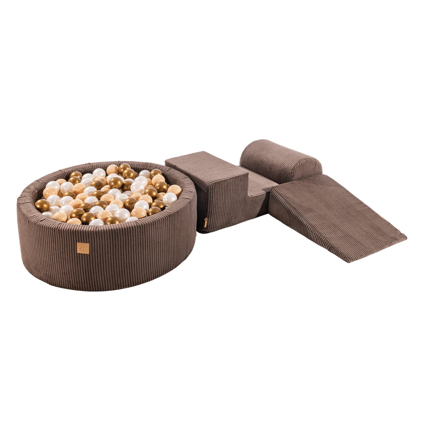 Brown foam playset with round ball pit filled with gold and white pearl balls, plus modular blocks and ramp for building