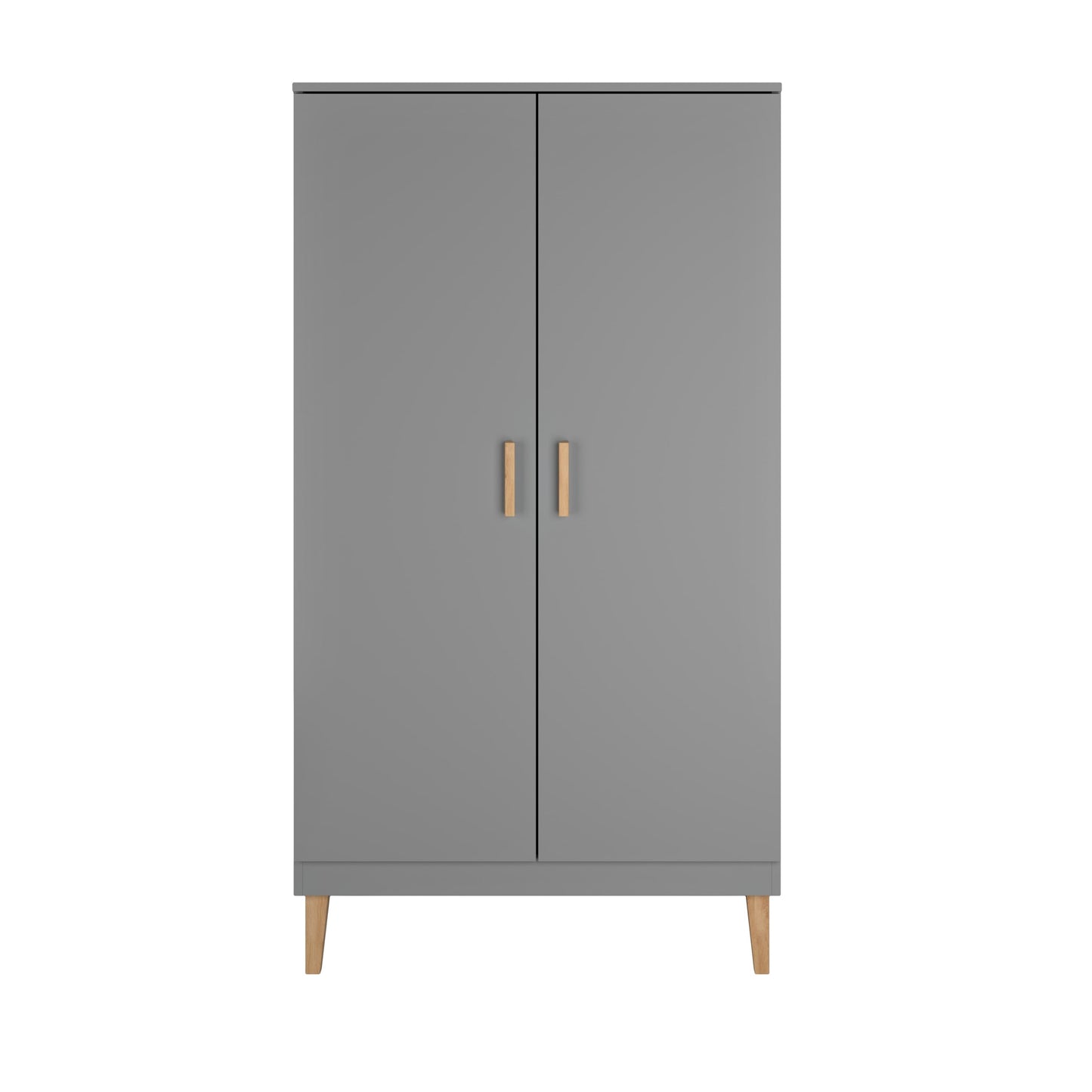 Grey Kubi wardrobe with two doors and natural oak handles, front view