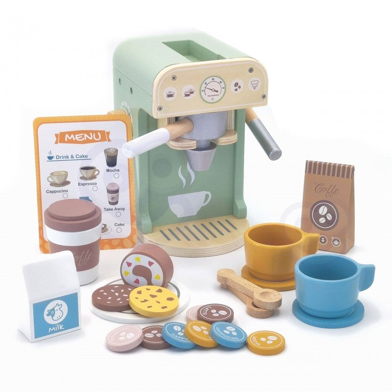 Wooden barista set with sage green machine, wooden accessories, colorful cups, and pastry items arranged