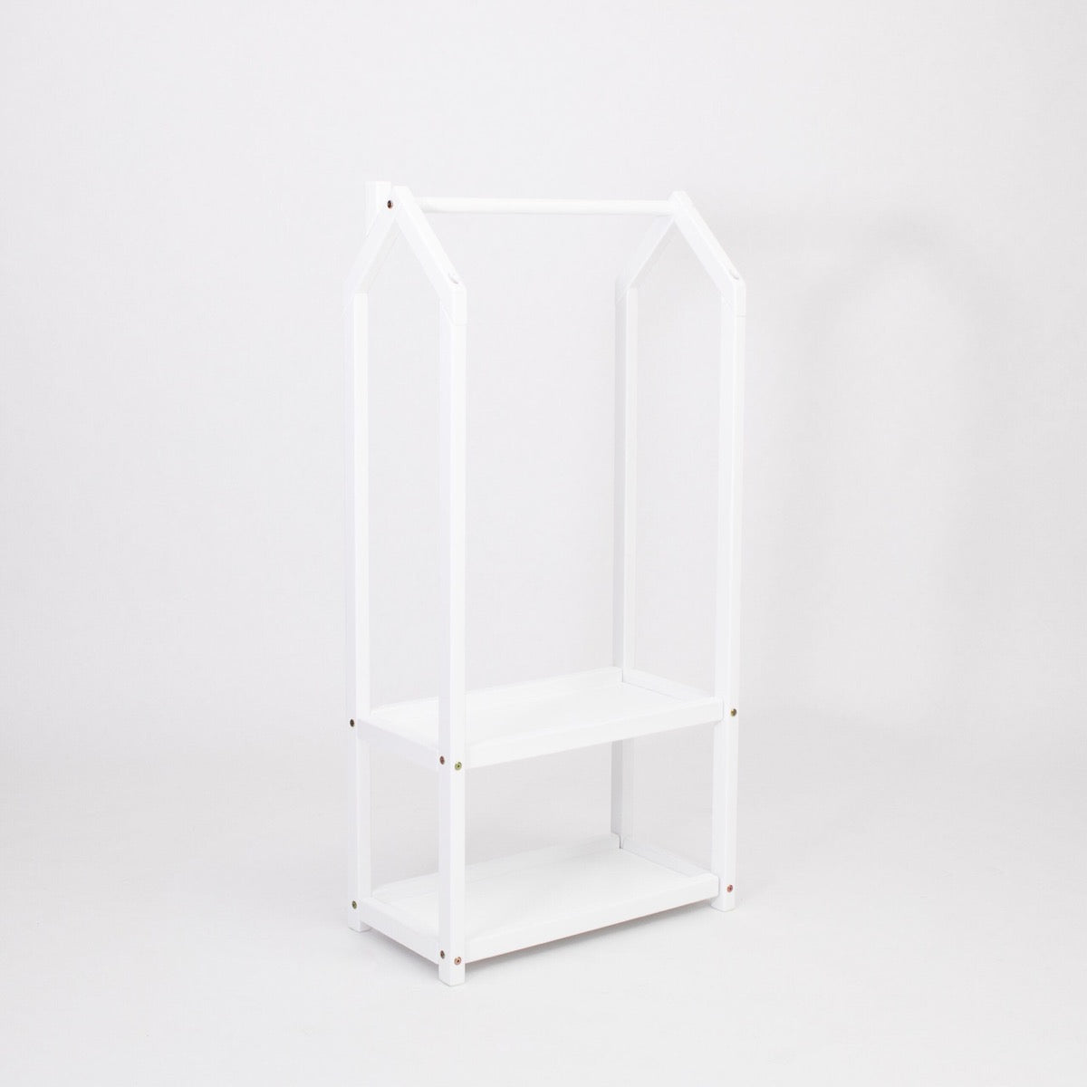 White wooden house-shaped clothing rack frame with two open storage shelves, empty
