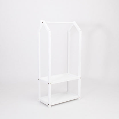 White wooden house-shaped clothing rack frame with two open storage shelves, empty