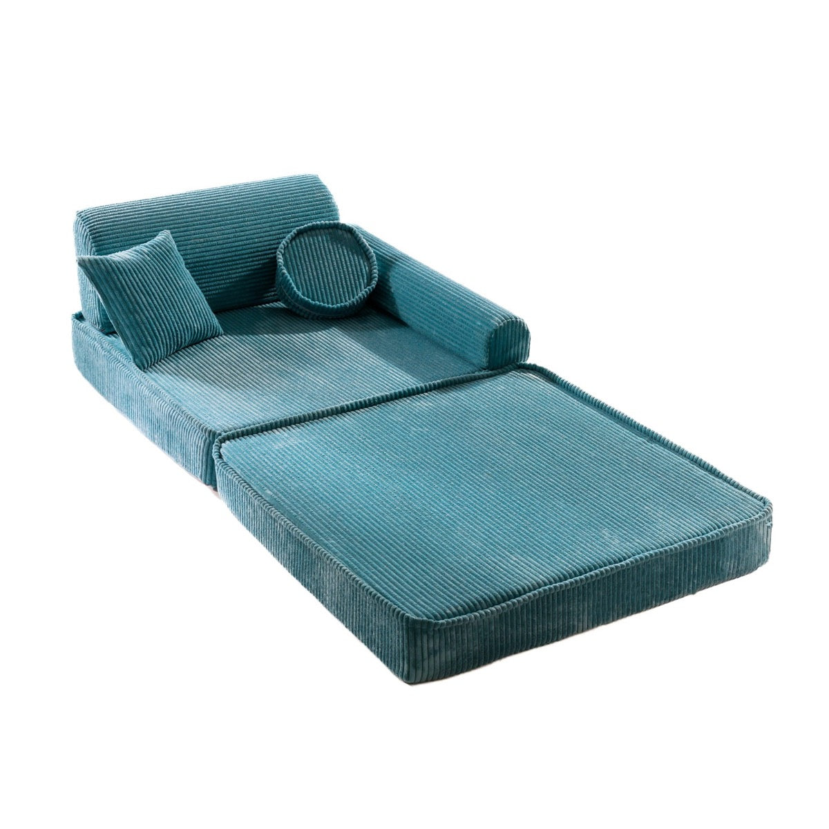 Turquoise corduroy modular sofa extended with pullout bed and cylindrical cushions