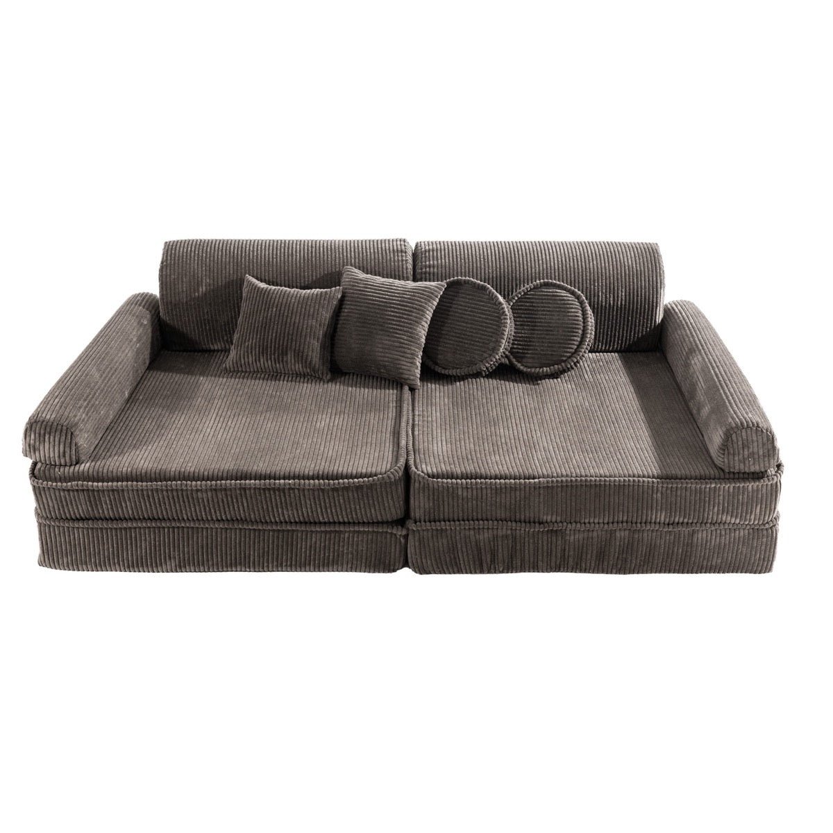 MeowBaby modular sofa in brown corduroy fully assembled with cushions and round bolsters