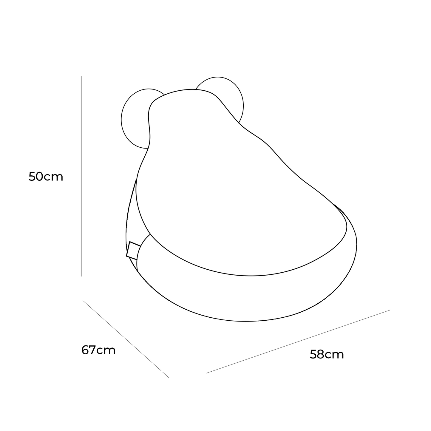 Bearly Sako bag dimensions showing 50cm height, 67cm width, and 58cm depth