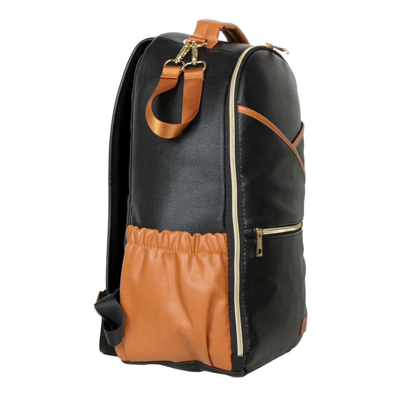 Black coffee diaper backpack shown from the side with tan accents and backpack straps visible