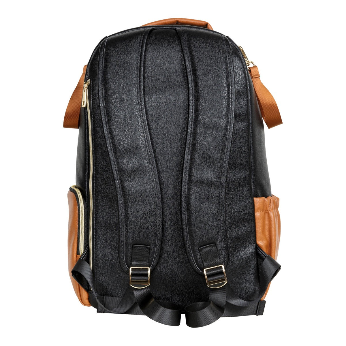 Backpack rear view showing padded shoulder straps and structured vegan leather construction