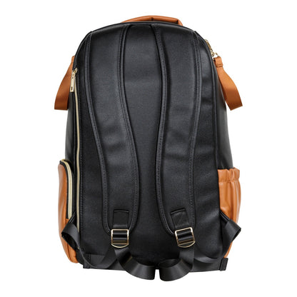 Backpack rear view showing padded shoulder straps and structured vegan leather construction