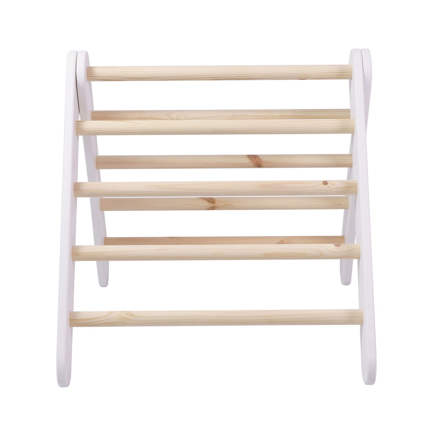 White wooden climbing wall with horizontal wooden rungs, rear view