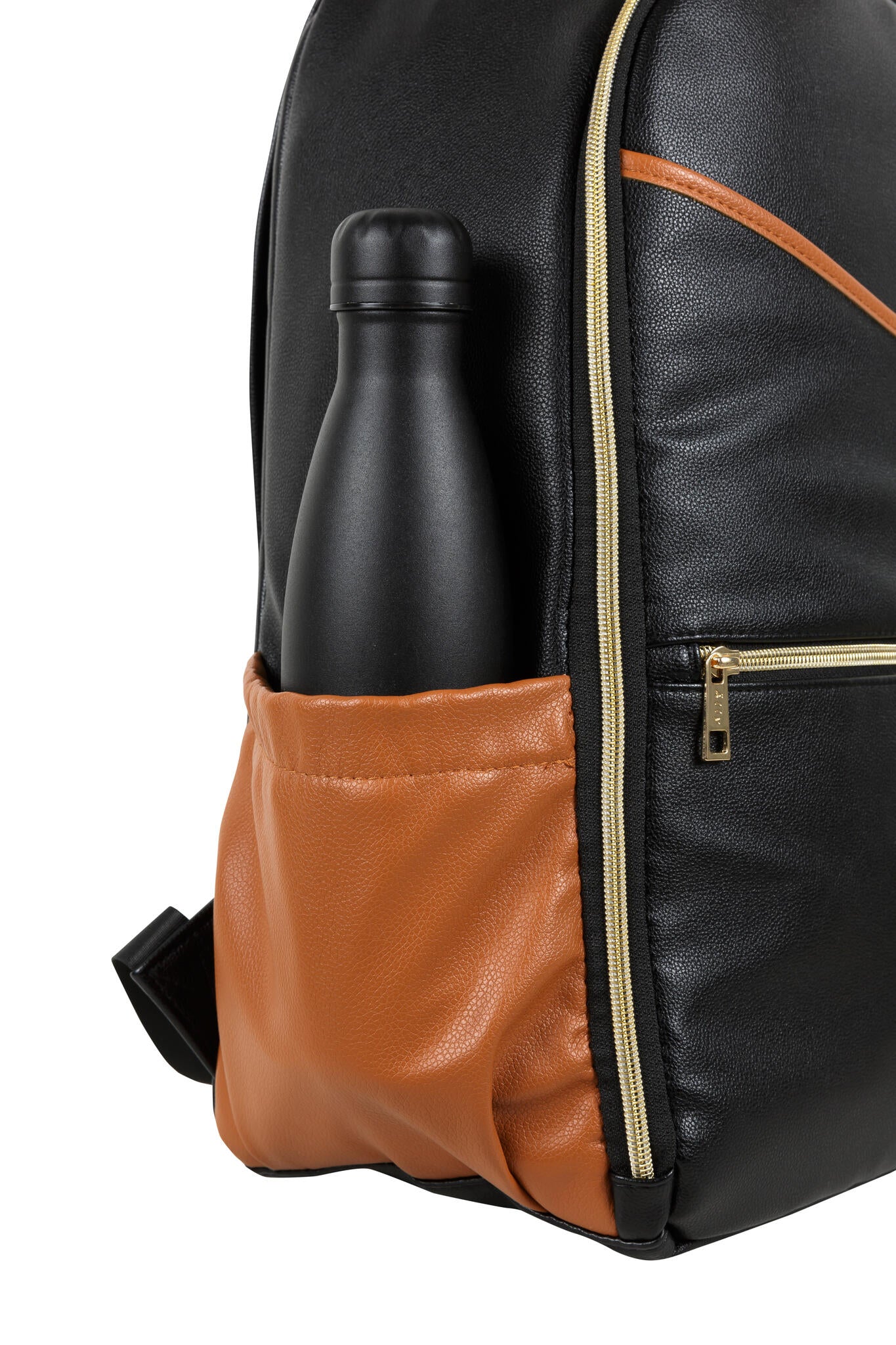 Black coffee diaper backpack with tan side pocket and water bottle holder detail