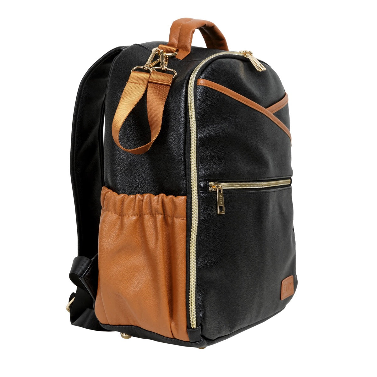 Front view of small diaper backpack with backpack straps and tan leather accents
