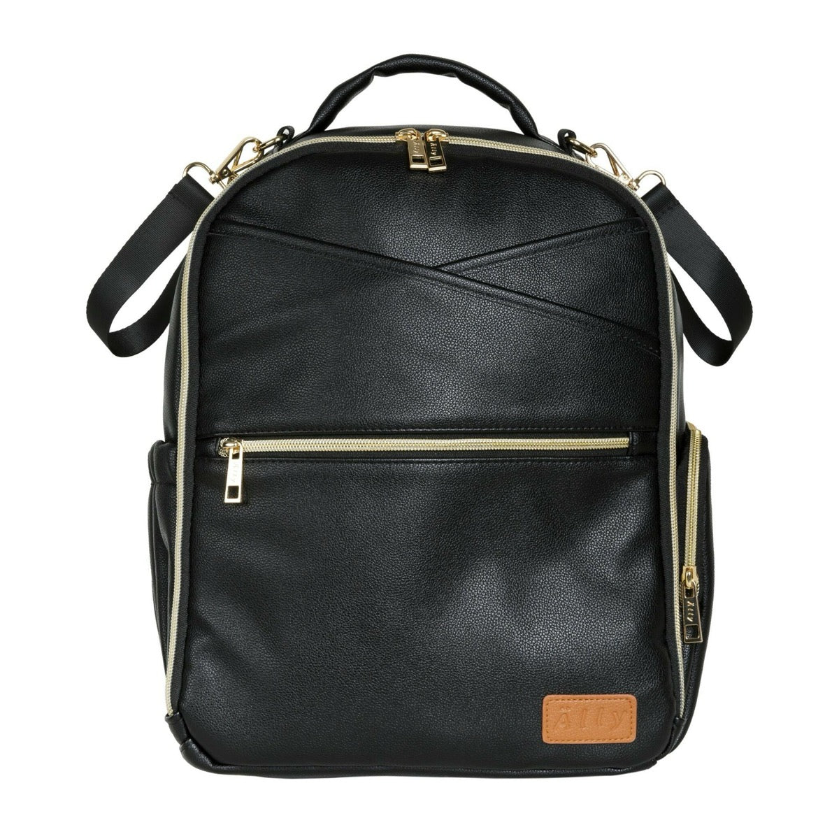 Black Ally Scandic diaper backpack front view with tan leather label
