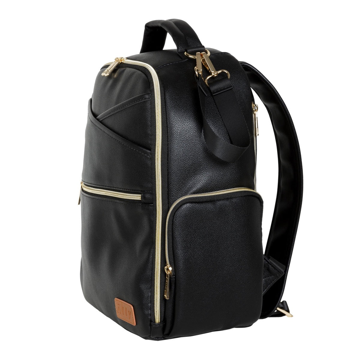 Espresso diaper backpack angled view displaying multiple zippered pockets and handles