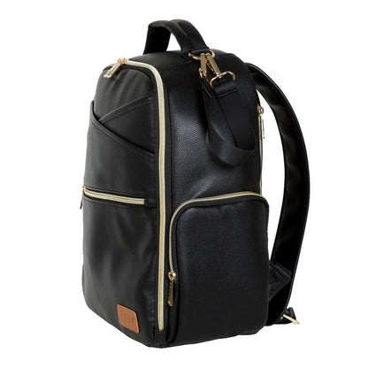 Espresso diaper backpack angled view displaying multiple zippered pockets and handles