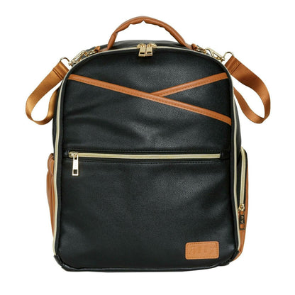Rear view showing padded backpack straps and tan leather side panels