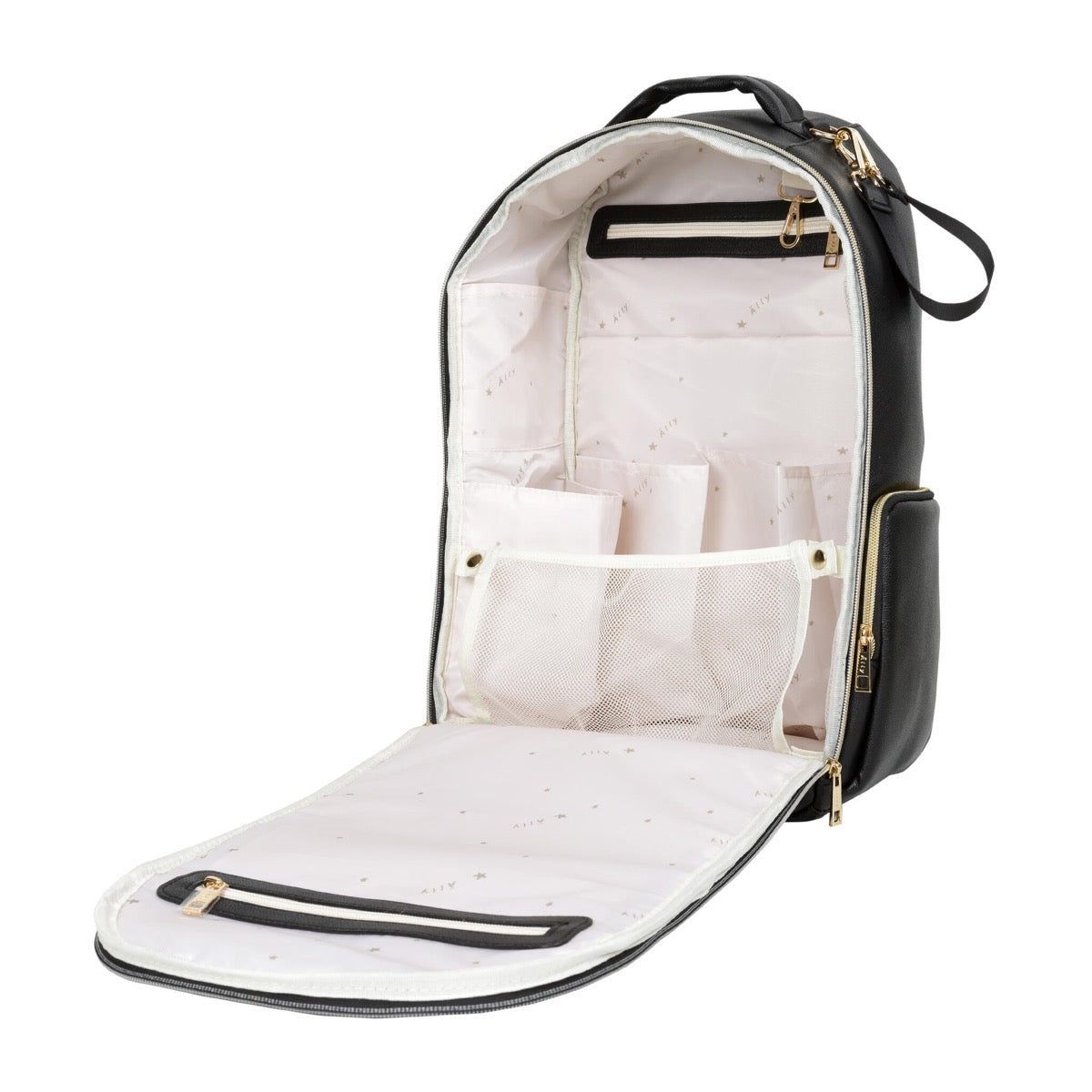 Interior of espresso diaper backpack opened showing cream-lined compartments and organization