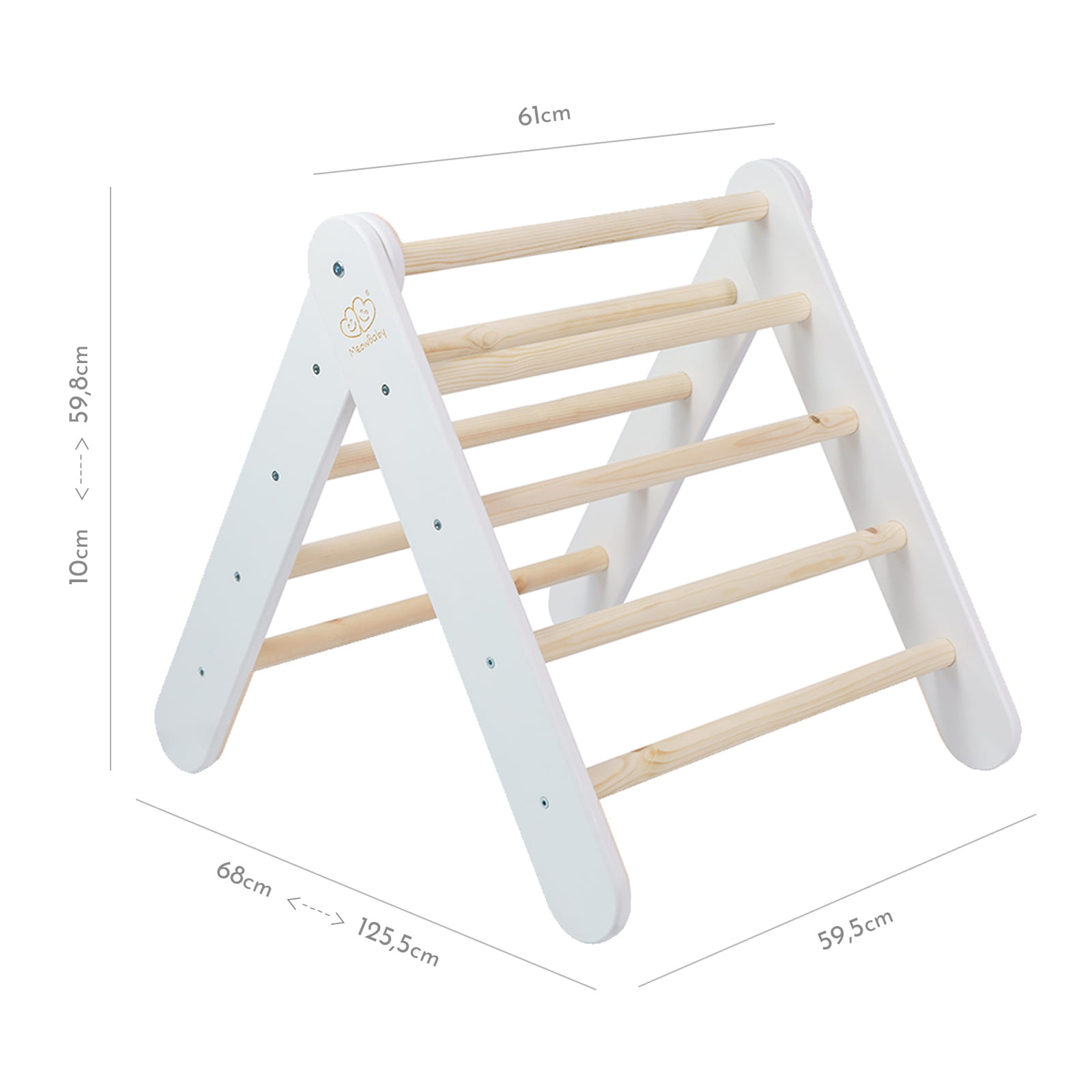 White wooden climb and slide set with dimensions labeled, 3D isometric view