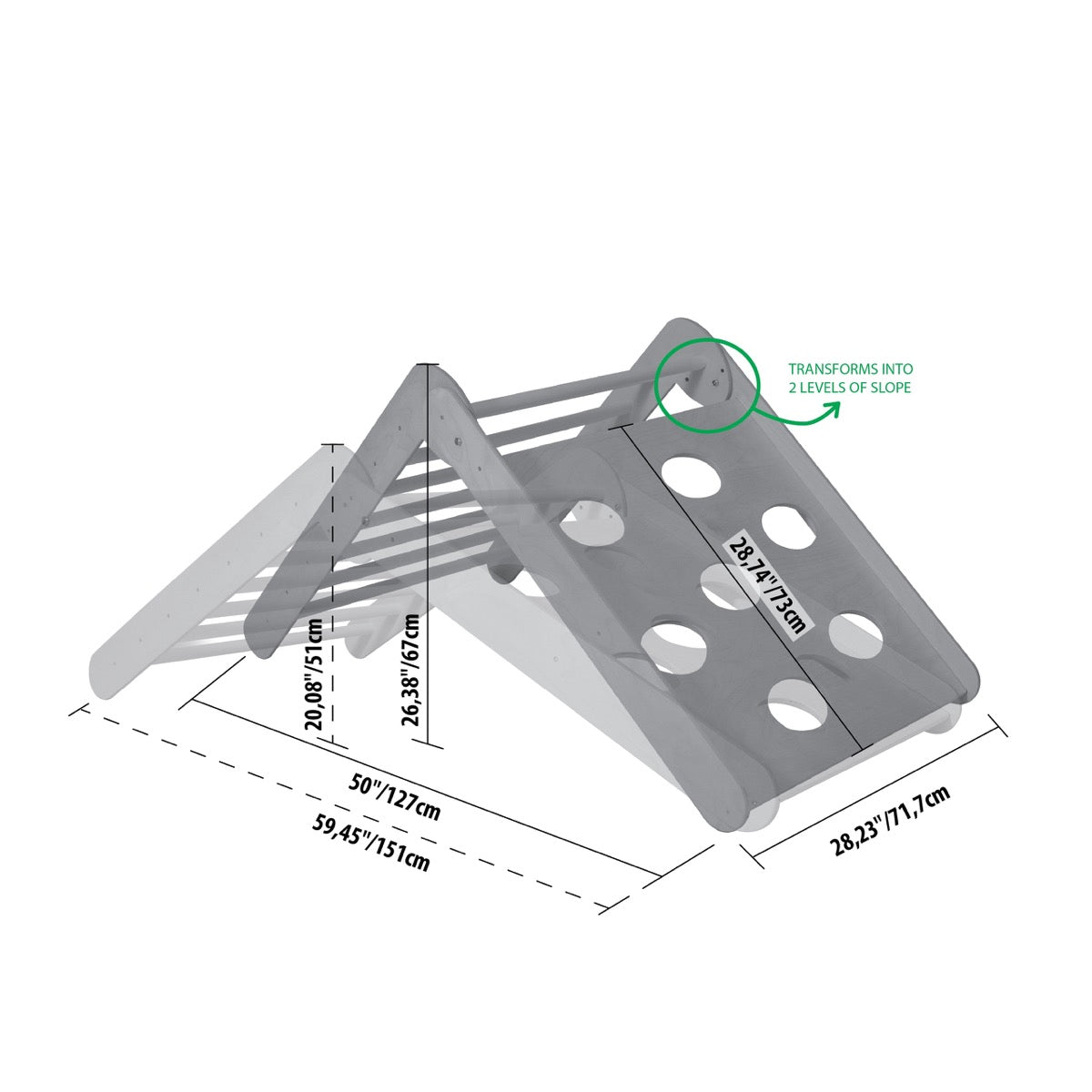 Diagram showing climbing triangle dimensions and transformation into two slope levels