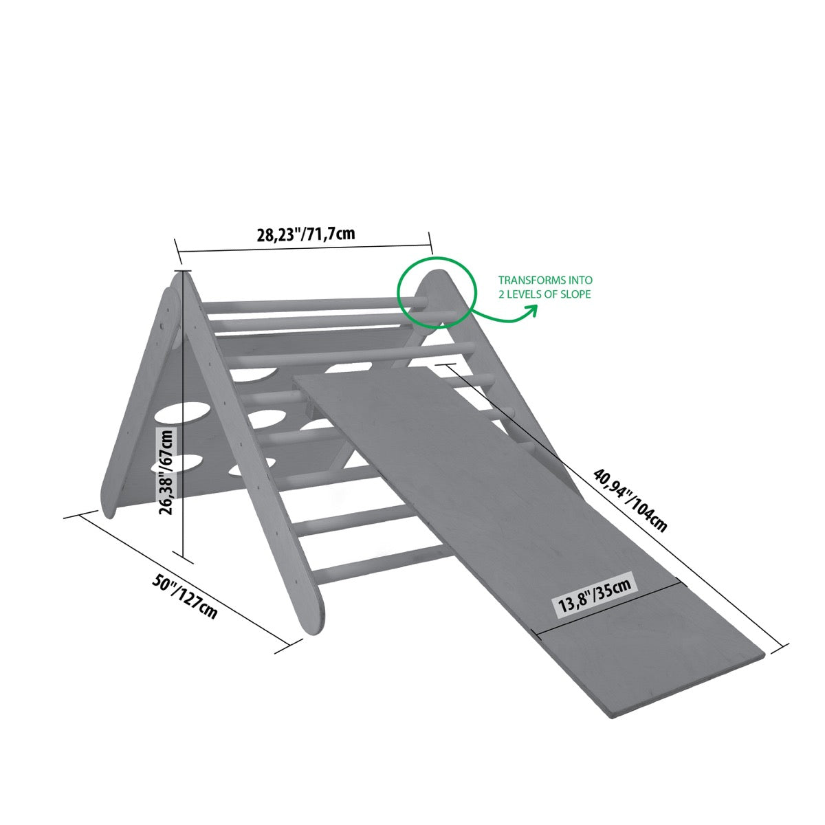 Dimension diagram showing adjustable slope levels and measurements of climbing triangle