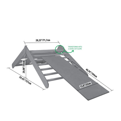 Dimension diagram showing two slope level configurations of climbing triangle with ramp