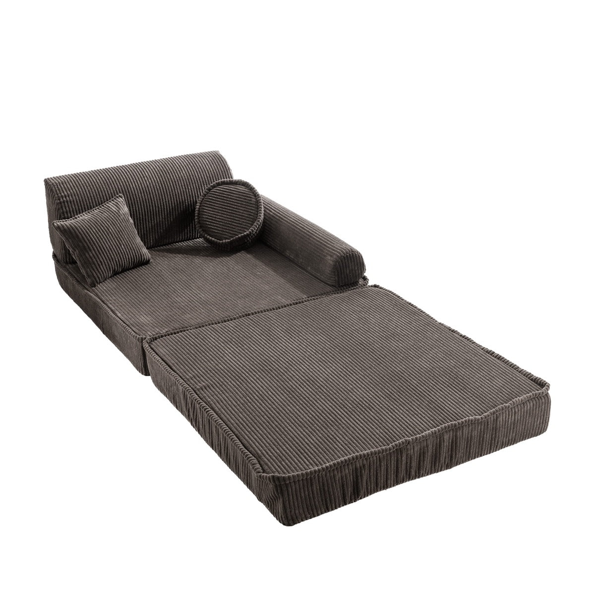 MeowBaby modular sofa extended into bed configuration with brown corduroy fabric