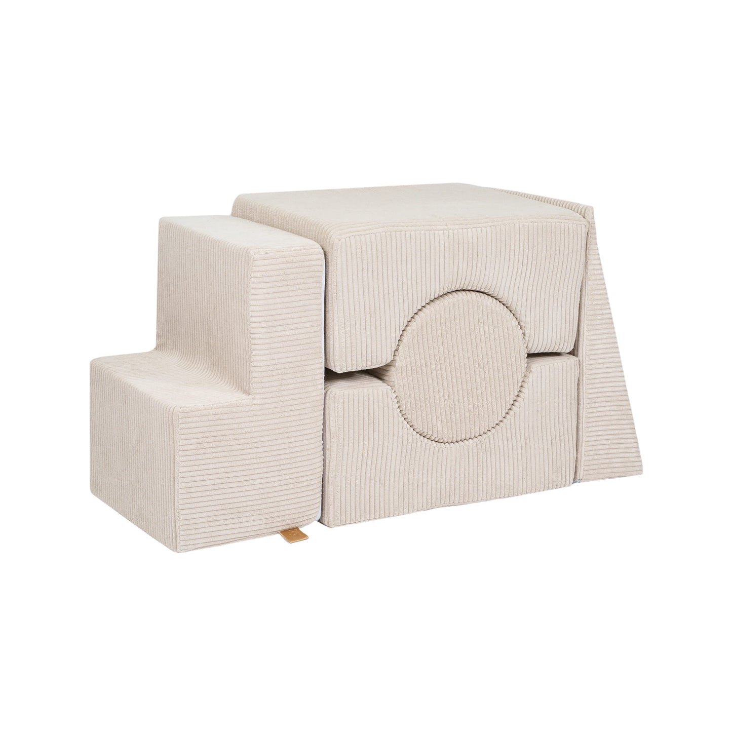 Ecru fabric stacking blocks with five geometric shapes including cubes and circle cutout for toddler play
