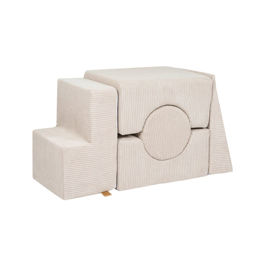 Ecru fabric stacking blocks with five geometric shapes including cubes and circle cutout for toddler play