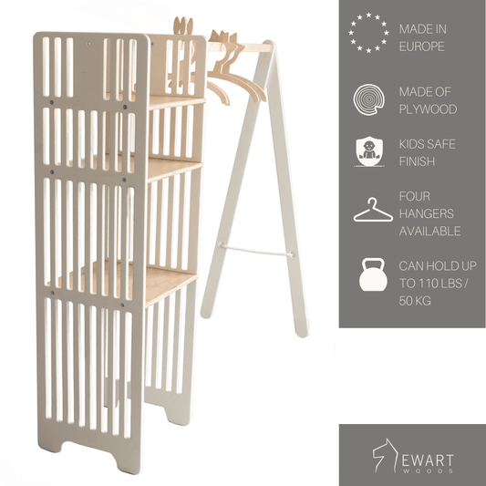 Montessori wooden clothing rack with storage shelves and four hanging bars, showing product features and specifications