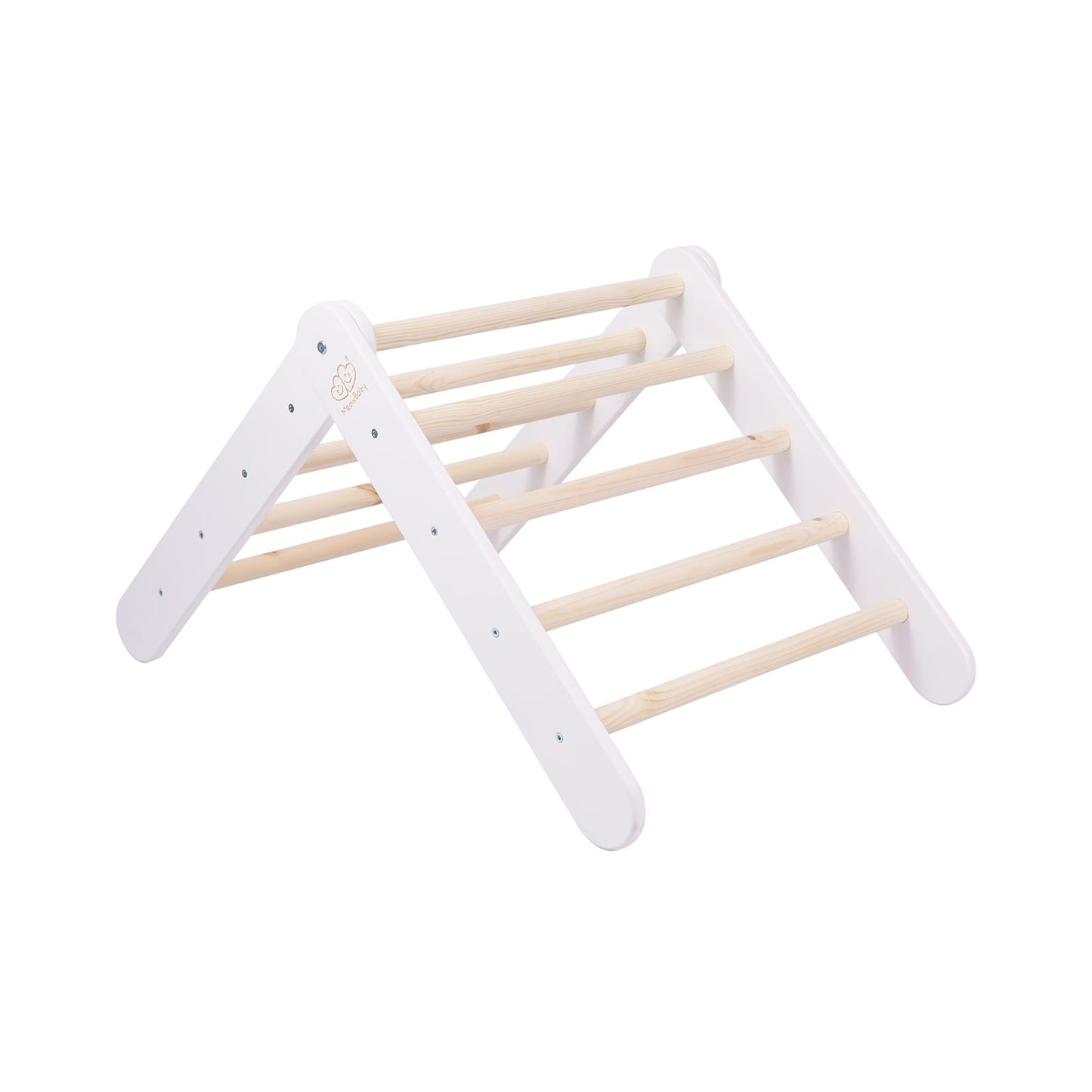 White wooden climbing ladder with natural wood rungs, angled side view