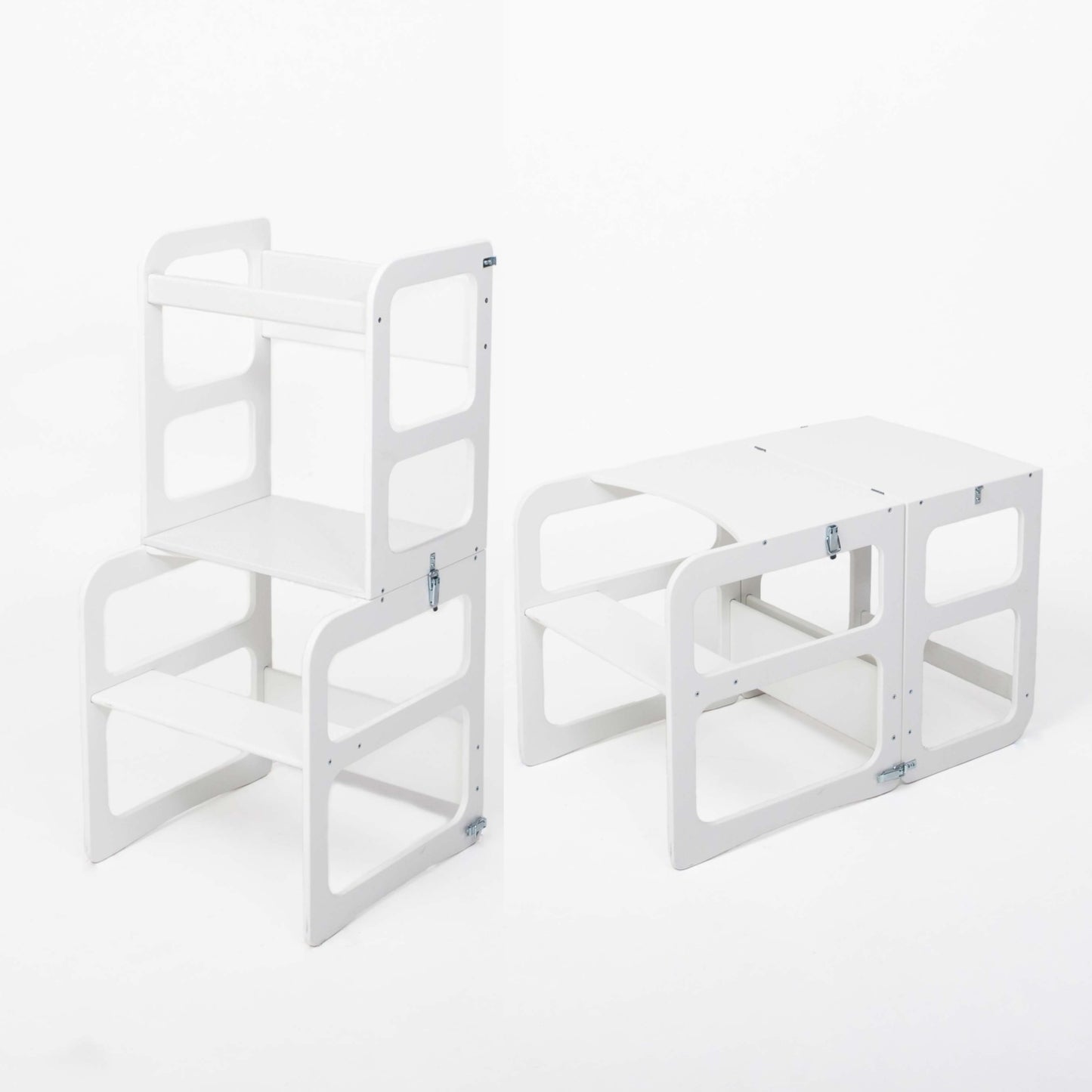 White 2-in-1 convertible kitchen tower showing step stool and table chair configurations