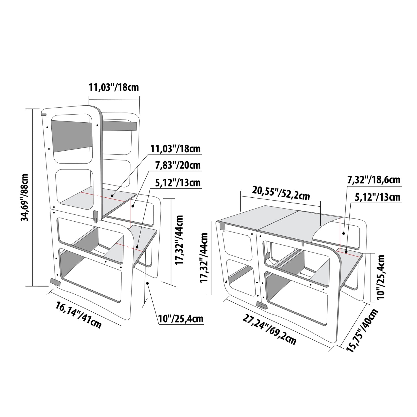 Dimension diagram showing measurements of kitchen tower stool and table configurations