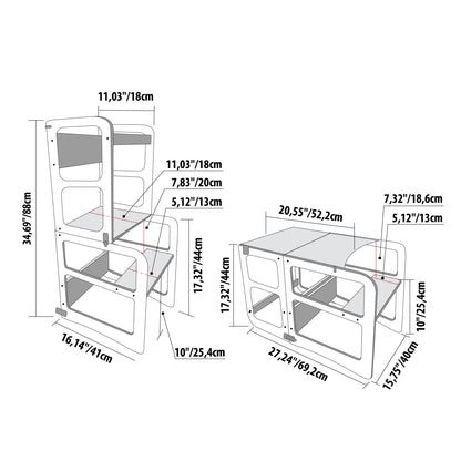 Dimension diagram showing measurements of kitchen tower stool and table configurations