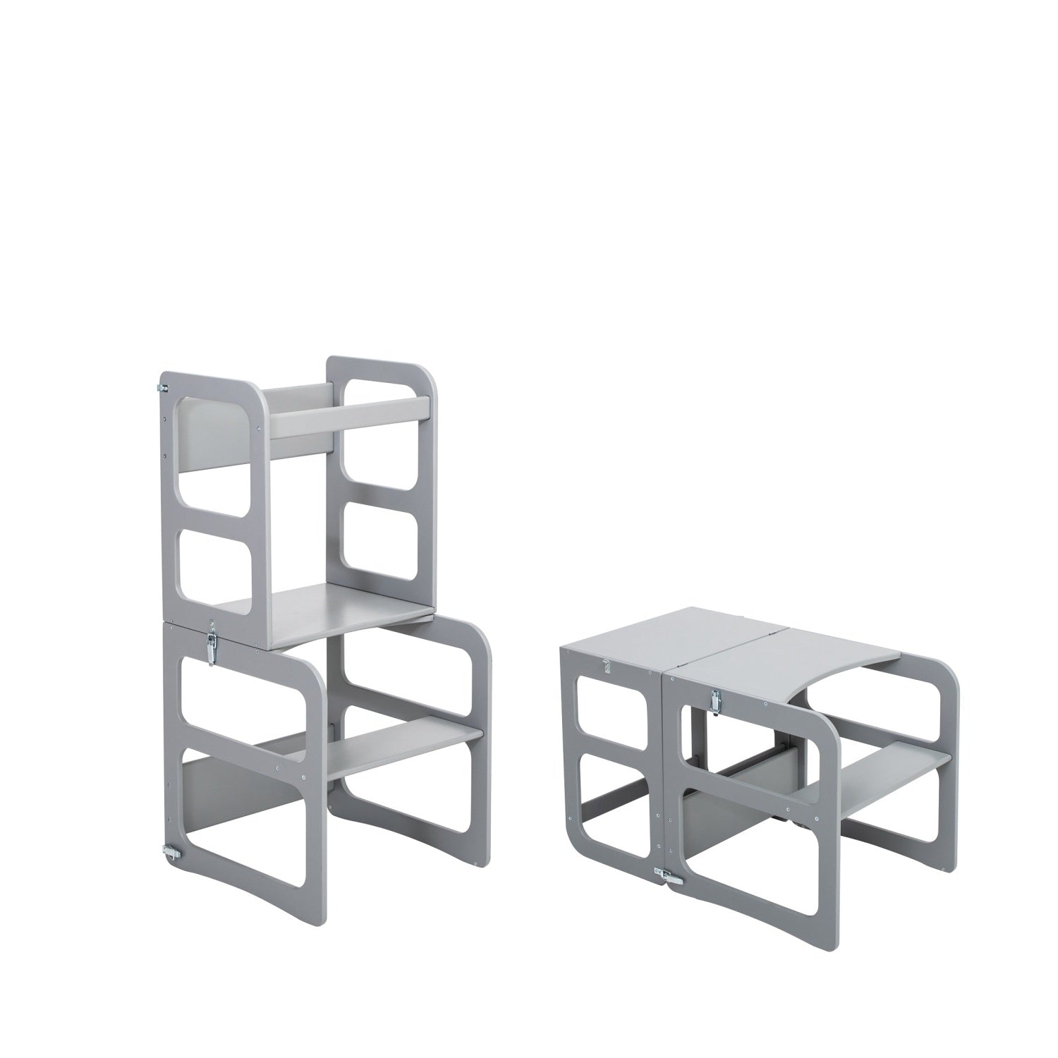 Gray 2-in-1 kitchen tower showing tall stool and compact table chair modes