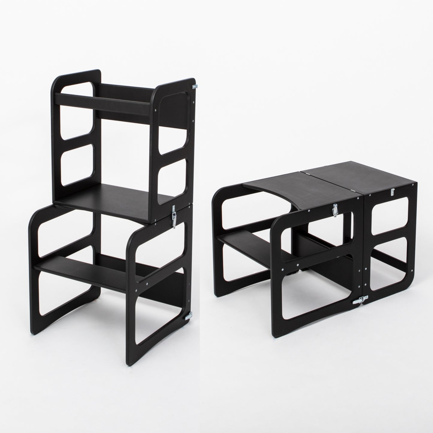 Black kitchen tower stool and table chair set displayed side by side