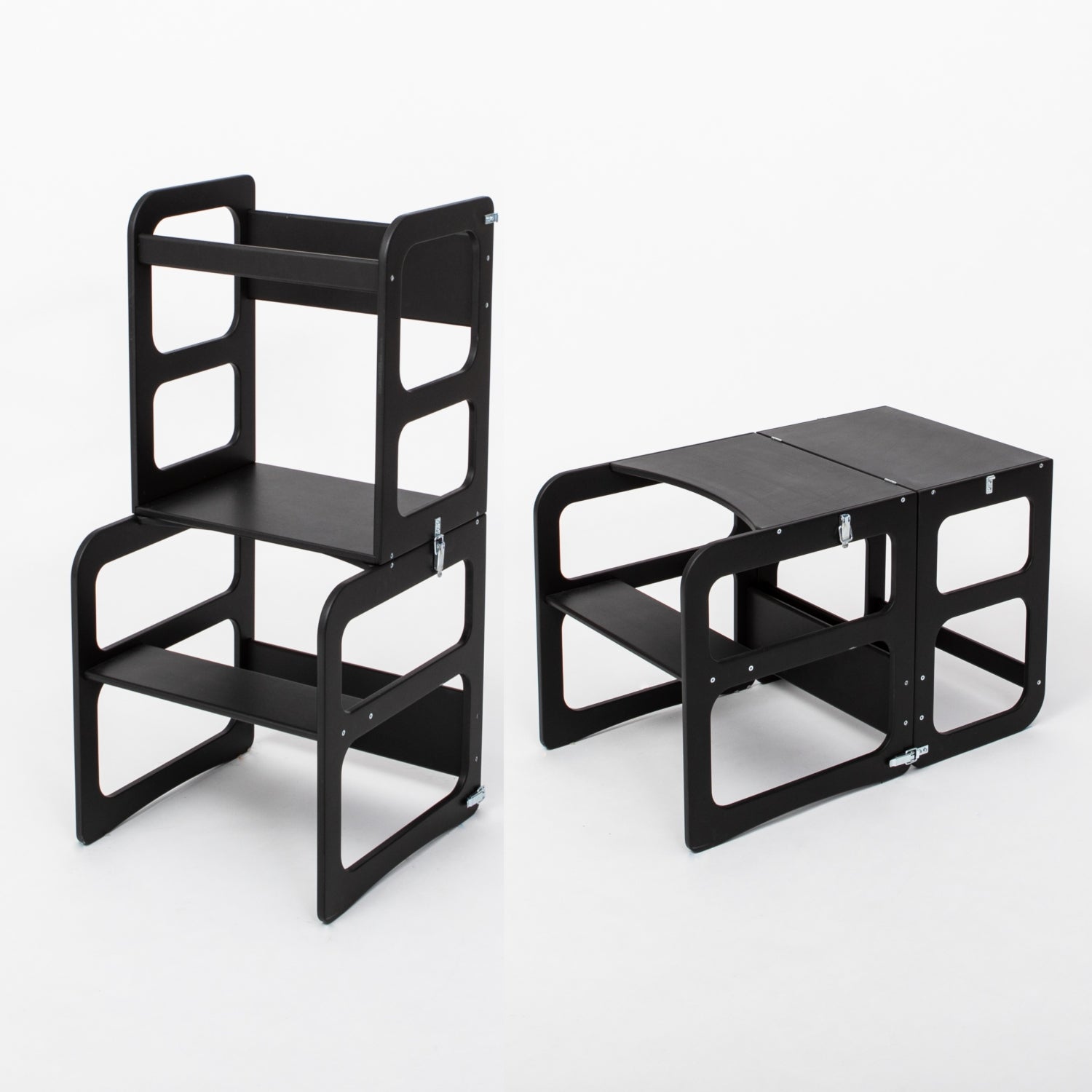Black kitchen tower stool and table chair set displayed side by side