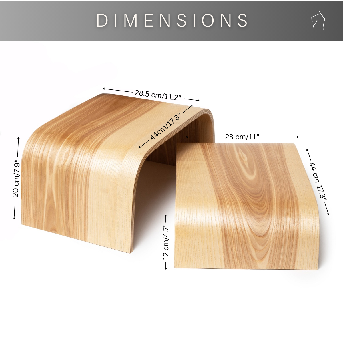 Dimensions diagram of two birch plywood step stools shown separately and stacked