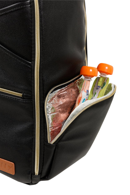 Side pocket of diaper backpack holding food containers and supplies