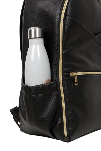 Water bottle fitting in insulated pocket of espresso diaper backpack