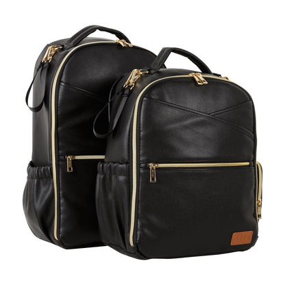 Two espresso diaper backpacks shown side-by-side in different sizes