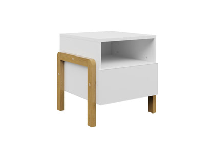 Front view of Victor children's nightstand with oak frame and white storage compartments
