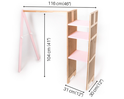 Wooden kids wardrobe with dimensions labeled, featuring open shelving and hanging rod for children's clothes